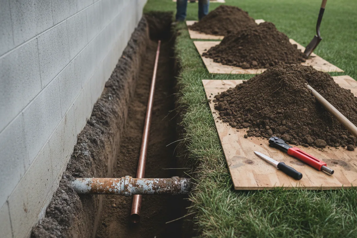 Excavated water line trench during Water Heater Repair in Ennis